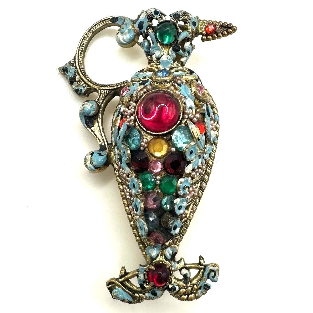 Czechoslovakia antique Art Deco multicolor rhinestones cabochons pitcher brooch